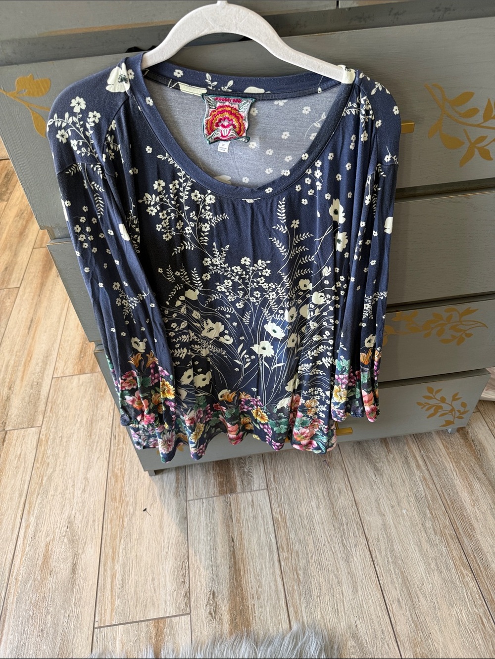 Johnny Was Navy Floral Border Scoop Neck Long Sleeve Top